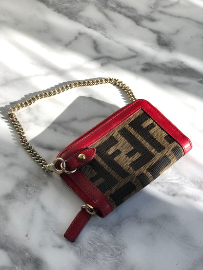 FENDI Zucca Logo Chain Leather Coin Purse Pink×Brown Vintage h7tarh