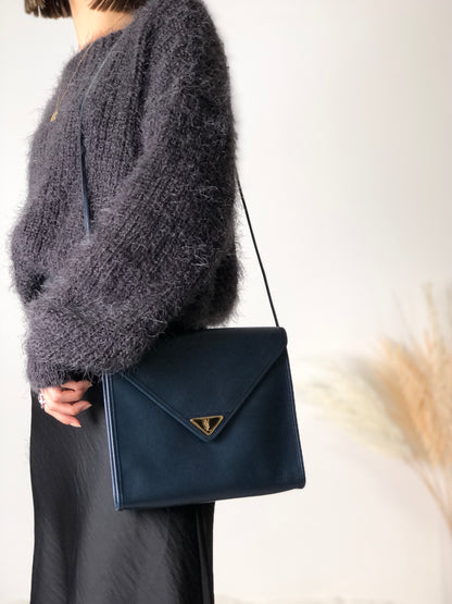 Yves Saint Laurent YSL Logo Leather Shoulder bag Navy Vintage 26gkij