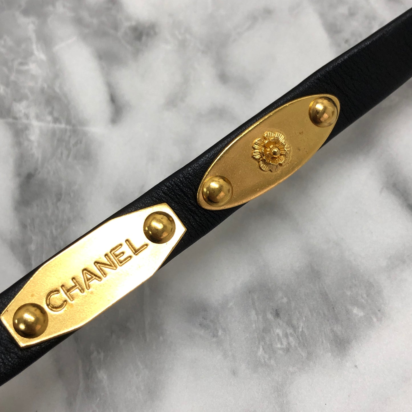 CHANEL Coco Mark Iconic Logo Motifs Leather Belt Black Gold Vintage 6u7wte