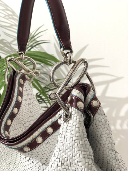 LOEWE Basket Weave Leather Handbag Hobobag White Vintage dzah7u