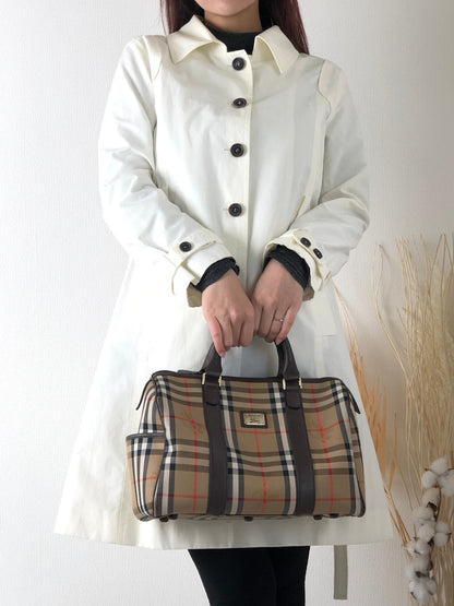 BURBERRY Classic Check Logo Canvas Leather Handbag Boston bag Brown Vintage 7nif54