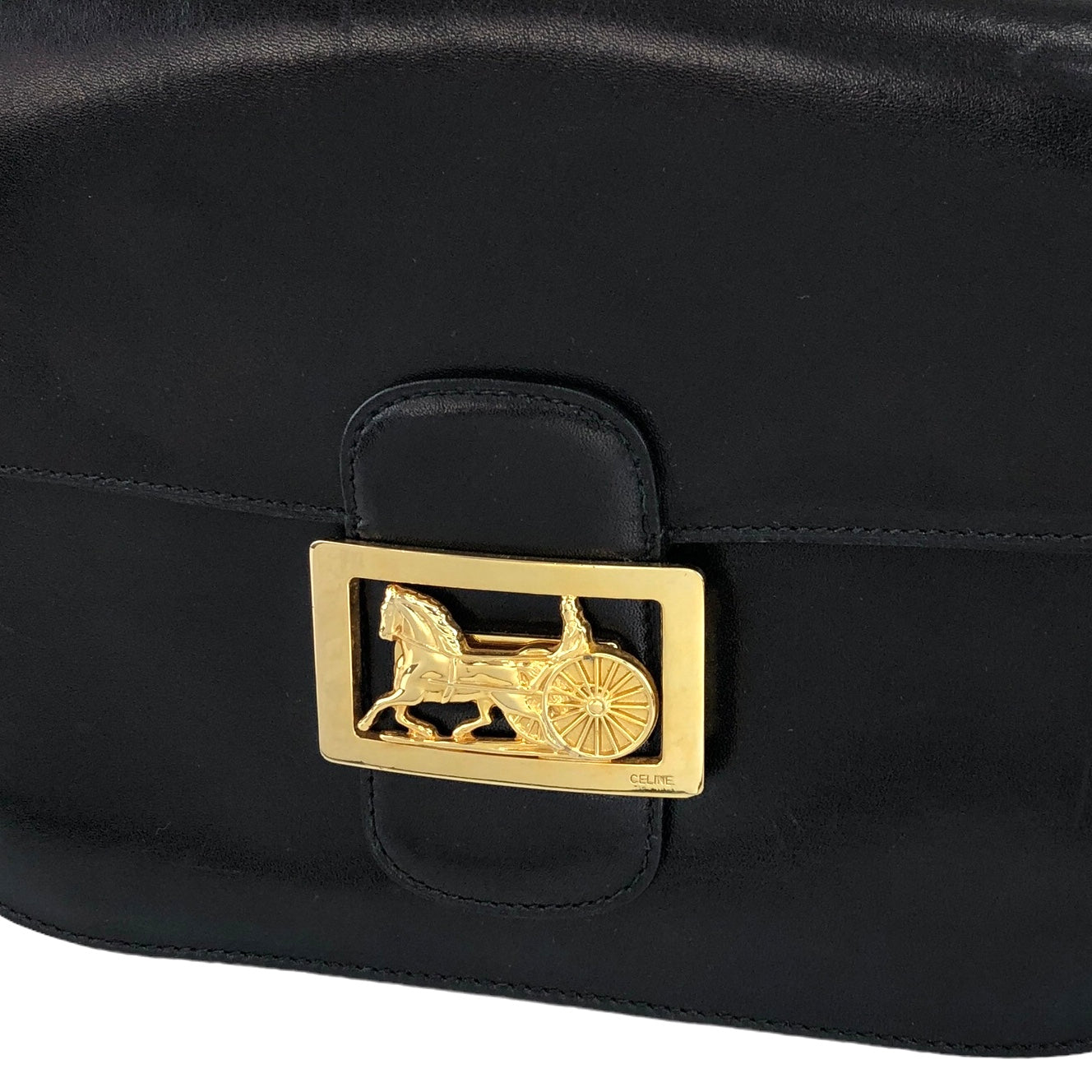 CELINE Horse Carriage Leather Shoulder bag Black Vintage w34jkd