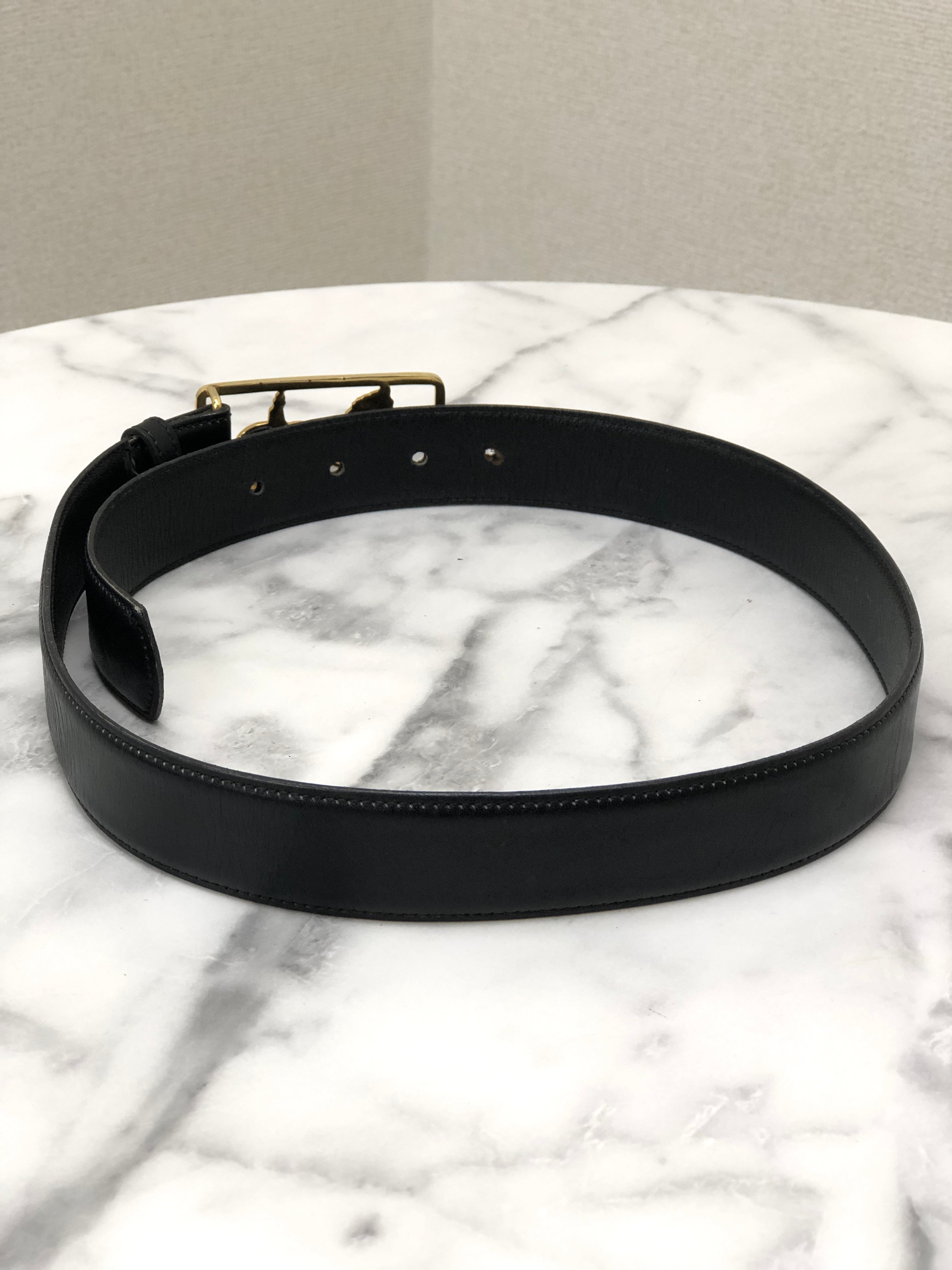 CELINE Horse Carriage Leather Belt Black Gold Vintage r5nwjn