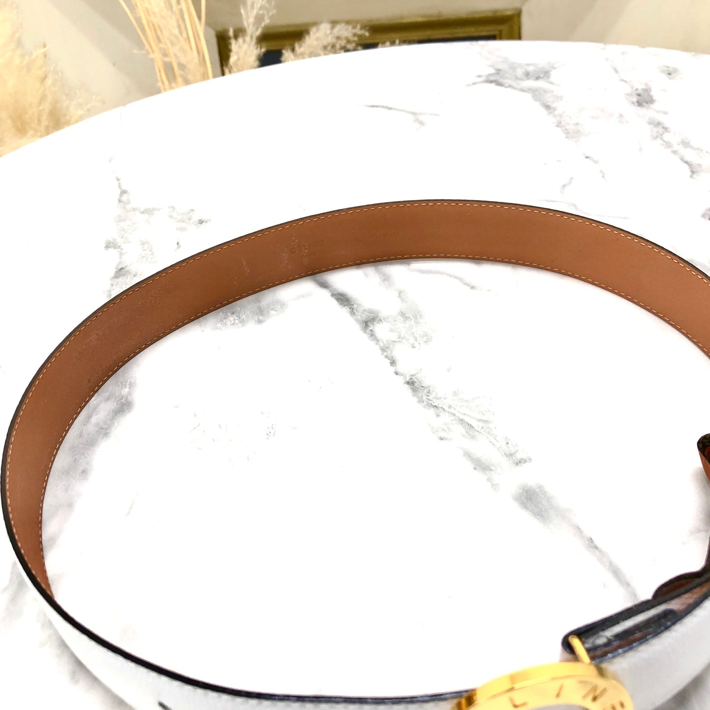 CELINE Circle Logo Leather Belt White Vintage 5absrf