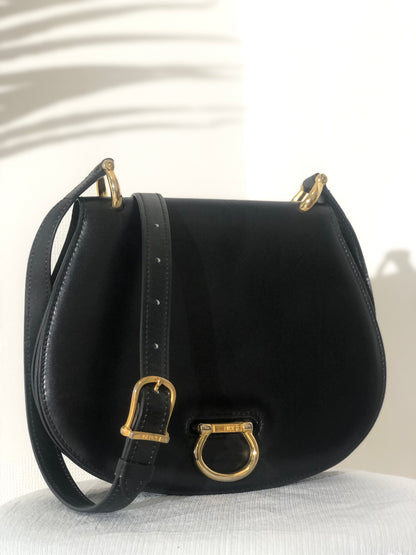CELINE Gancini Leather Round Crossbody Shoulder bag Black Vintage 5ec6bk