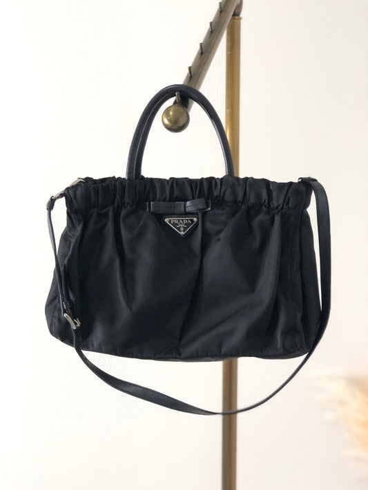 PRADA Triangle Logo Ribbon Nylon Two-way Handbag Shoulder bag Black Vintage 63mv45