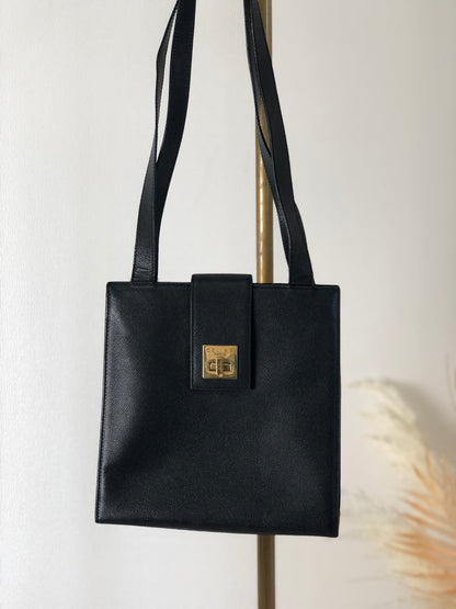 CELINE 旋扣壓花皮革肩包托特包黑色復古 g2z5h3 