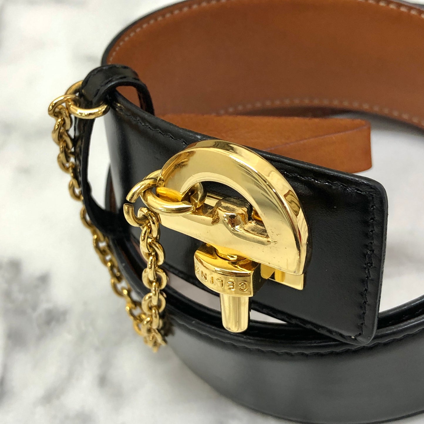CELINE Horse Bit Chain Leather Belt Black Vintage uytb44