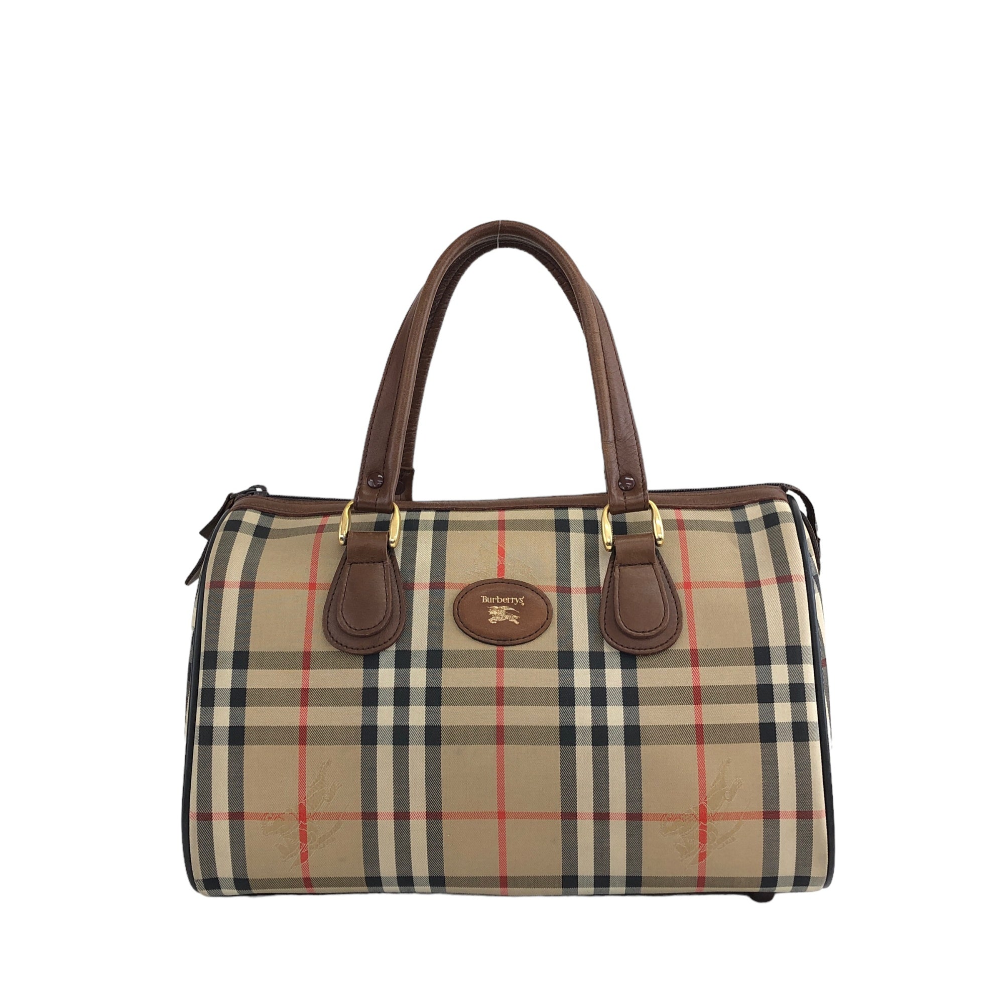 BURBERRY Classic Check Logo Canvas Leather Handbag Boston bag Beige Br VintageShop solo