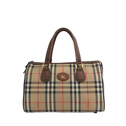 BURBERRY Classic Check Logo Canvas Leather Handbag Boston bag Beige×Brown Vintage 4b8ige