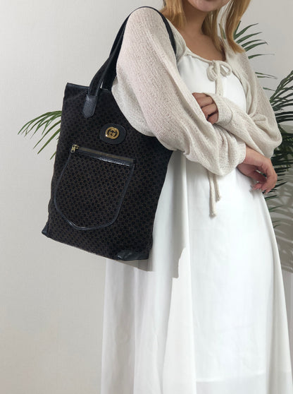 GUCCI Logo Pattern Suede Leather Totebag Black Vintage fpsx8s