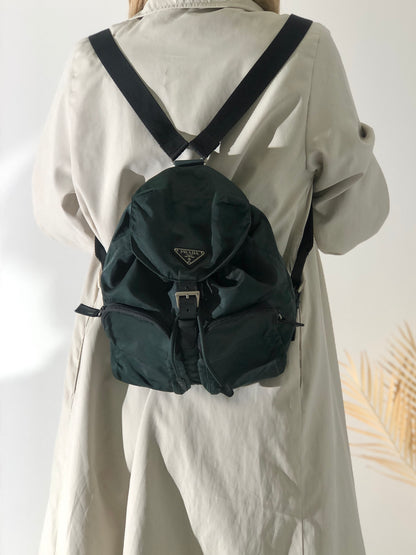 PRADA Triangle Logo Double pocket Nylon Backpack Green Vintage r5kz8b