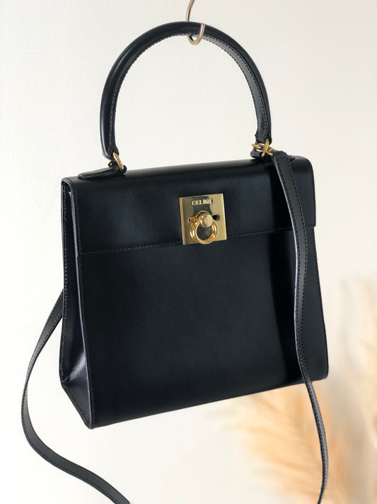 CELINE Gancini Leather Two-way Top Handle Handbag Shoulder bag Black Vintage ick73z