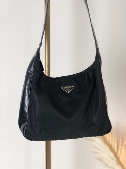 PRADA Triangle Logo Nylon Leather Shoulder bag Hobobag Black Vintage na2ut2
