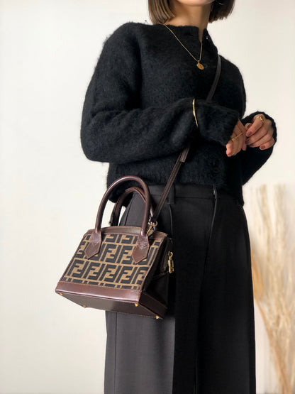 FENDI Zucca Jacquard Leather Two-way Handbag Shoulder bag Brown Vintage n3b6d8