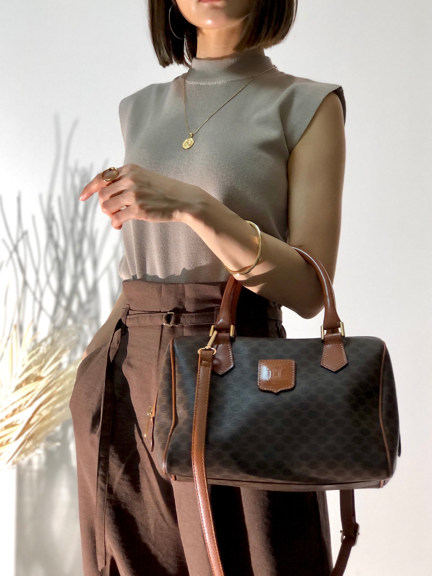 CELINE Macadam PVC Leather Two-way Handbag Shoulder bag Boston bag Brown Vintage znft22