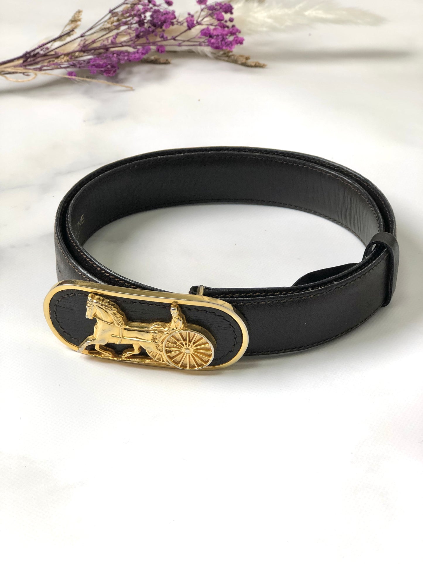 CELINE Horse Carriage Leather Belt Black Vintage xrix5m