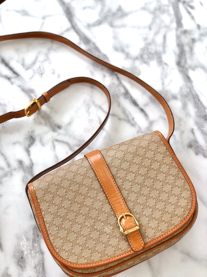 CELINE Macadam PVC Leather Crossbody Shoulder bag Beige Vintage vgsu6a