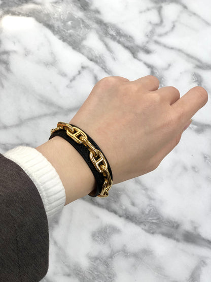 HERMES Chaine d'ancre Leather Bangle Black×Gold Vintage i5kvpf