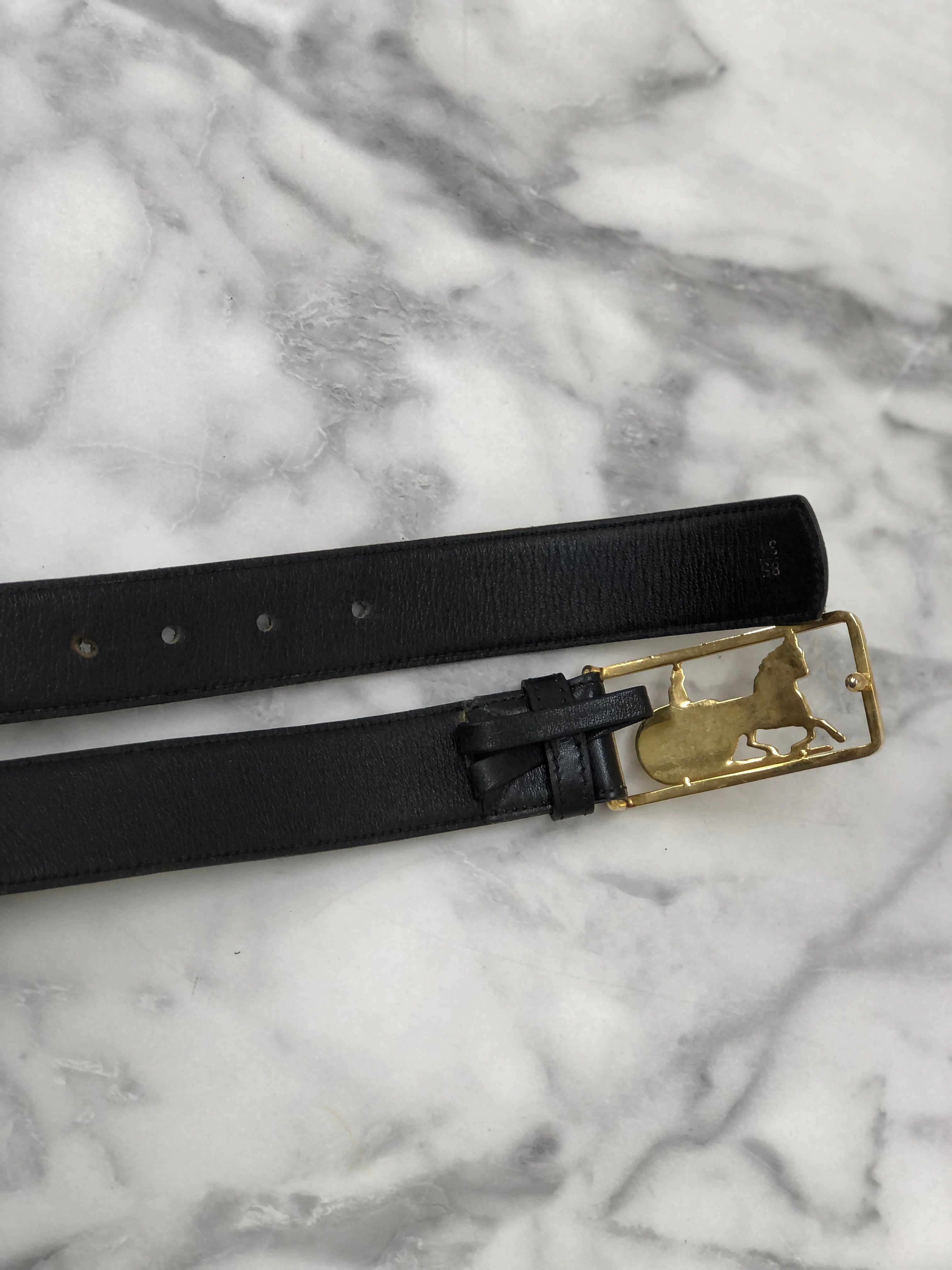 CELINE Horse Carriage Leather Belt Black Gold Vintage r5nwjn