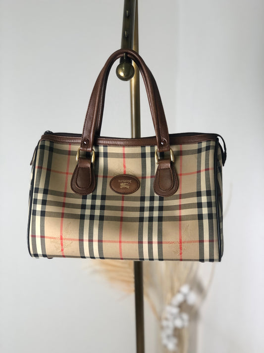 BURBERRY Classic Check Logo Canvas Leather Handbag Boston bag Beige×Brown Vintage 4b8ige