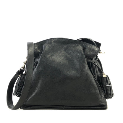 LOEWE Anagram Logo Motif Embossed Tassel Leather Drawstring Shoulder bag Black Vintage xpf265